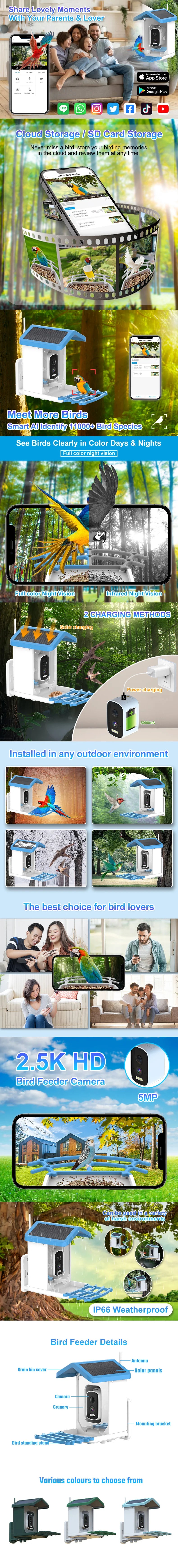 Smart Bird Feeder with Camera AI Bird Species Identify Solar Powered Wireless Outdoor 5MP HD WiFi Bird Camera for Outside Garden