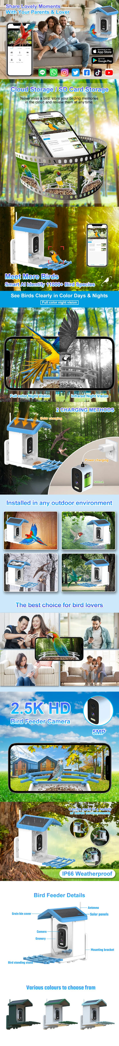 Smart Bird Feeder with Camera AI Bird Species Identify Solar Powered Wireless Outdoor 5MP HD WiFi Bird Camera for Outside Garden